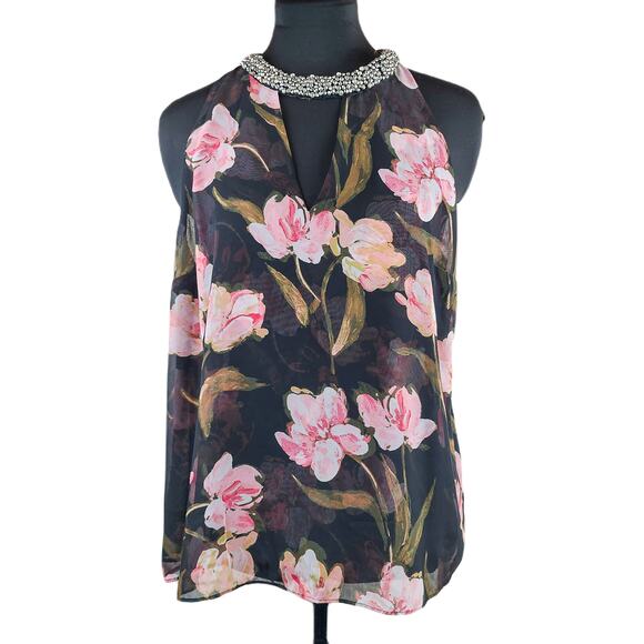 Jennifer Lopez Tops - Jennifer Lopez Sleeveless Top Large Size Black Floral Design Women’s Blouse
